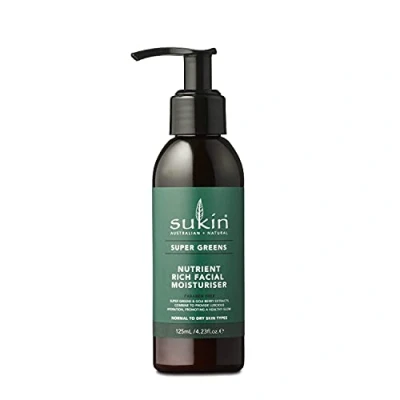 Abbildung von Sukin Super Greens Feuchtigkeitscreme für das Gesicht, 125ml, feuchtigkeitsspendend, mit Grünkohl, Spirulina, Karottenkernöl und Acai, Hals Dekolleté, vegan