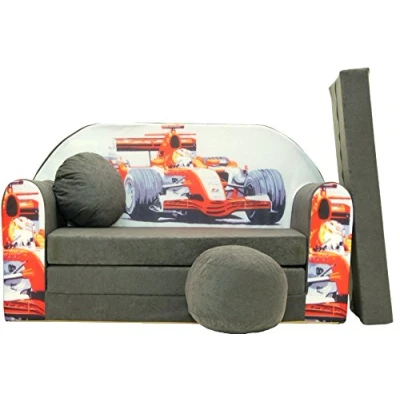 Abbildung von Pro Cosmo Kindersofa Bettfunktion 3in1 Sofa + Gratis Polsterhocker und Kissen Kindermöbel Set A22 Grau/Rot F1