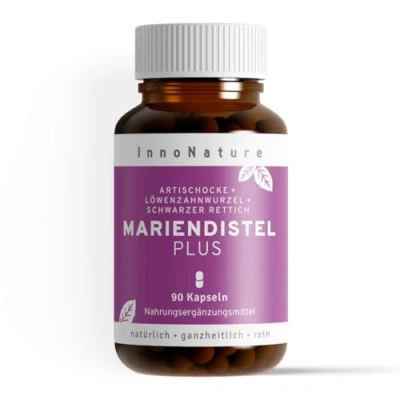 Abbildung von InnoNature Mariendistel Plus Kapseln natürlich kombiniert mit Artischocke, Schwarzer Rettich und Löwenzahnwurzel 90 Kapseln, 200 mg Silymarin pro Kapsel glutenfrei, vegan, pflanzlich