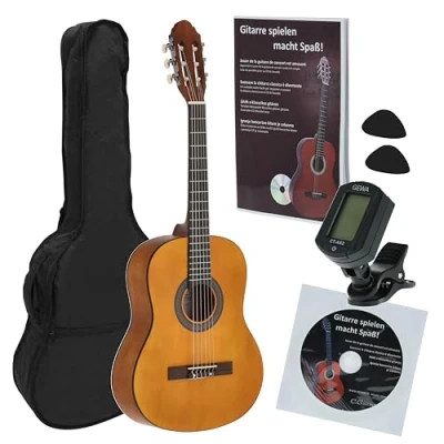 Abbildung von Juan Miguel Navarrez Konzertgitarre 3/4 Starter Set honey (Tasche, Tuner, Plektren, Buch mit CD)