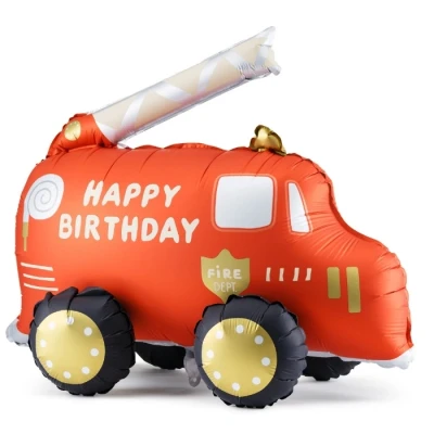 Abbildung von PartyDeco Stehender roter Folienballon Feuerwehrauto, 67x53 cm, für Kindergeburtstage, Motto Feier, Dekoration, mit Strohhalm zum Aufblasen