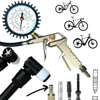 Abbildung von F26 Kompressor Druckluft Fahrrad Reifenfüller Manometer mit Klick Ventil SKS Clik Valve Anschluss Kopf kompatinbel SCV Schwalbe Ventile I AV Auto SV Französisch DV Dunlop UST