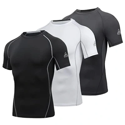 Abbildung von AMZSPORT Herren Kompressionsshirt Kurzarm Funktionsshirts Cool Dry Training Running Top, Schwarzweißgrau L