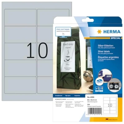 Abbildung von HERMA 4099 Wetterfeste Folienetiketten silber, 25 Blatt, 96 x 50,8 mm, 10 pro A4 Bogen, 2500 Stück, selbstklebend, bedruckbar, glänzend, blanko Klebeetiketten Aufkleber aus Folie