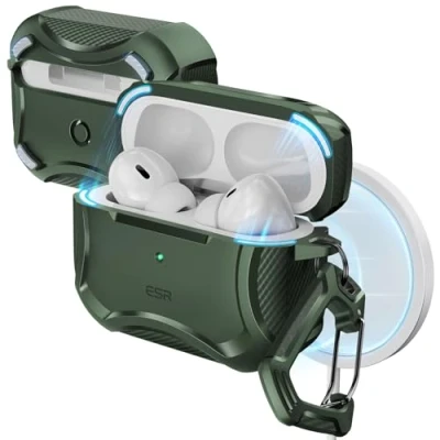 Abbildung von ESR für AirPods Pro 2 Hülle mit HaloLock, Cyber Armor Panzer Kompatibel (2023/2022/2019), MagSafe, starker Sturzschutz, magnetischer Deckel, Grün