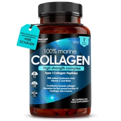 Abbildung von Reines Meereskollagen, 100% Meereskollagen Typ 1, Hydrolysierte Kollagen Peptide, Angereichert mit Hyaluronsäure und Vitamin C Essentielle Aminosäuren 60 Kapseln Hochdosiert