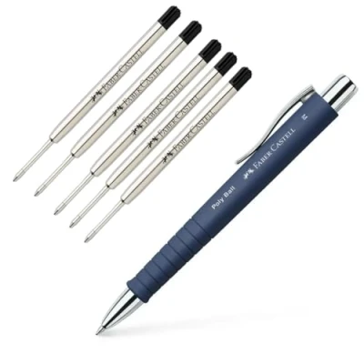 Abbildung von Faber Castell 241165 Kugelschreiber Poly Ball M, dunkelblau, 1 Stück, mit auswechselbarer Mine, dokumentenecht (1 Stück + 5 schwarze Ersatzminen M)