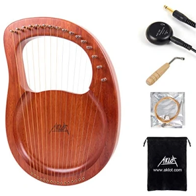 Abbildung von AKLOT Lyre Harfe, 16 Metallsaiten Mahagoni Lye Harfen mit Abholung Tonabnehmer Stimmschlüssel und schwarzer Tasche