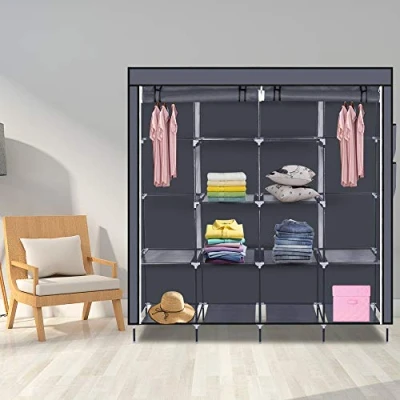 Abbildung von Oshion Kleiderschrank Faltschrank Stoffschrank Faltbare Garderobe Canvas mit Reißverschluss Kleiderstange, Fächern (169,5 x 44 181,5 cm grau)