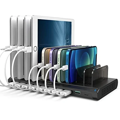 Abbildung von Alxum 120W USB Multi Mobile Ladestation mit QC 3.0 Schnellladung &amp; Typ C Handy 10 Anschlüssen und abnehmbaren Trennwänden (Schwarz)