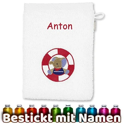 Abbildung von Sterntaler Kinder/Baby Waschhandschuh bestickt mit Namen, Waschlappen personalisiert zur Geburt, Taufe oder als Geschenk zum Geburtstag (Elefant Erwin Weiß)