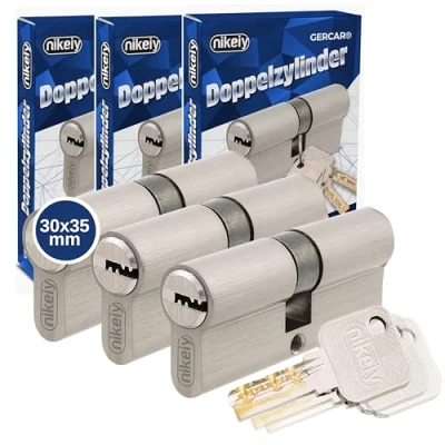 Abbildung von GERCAR Pro Profilzylinder 30/35 Massiver Schließzylinder gleichschließend 3er Set Doppelzylinder Zylinderschloss Messing matt inkl. 10 Schlüssel Wendeschlüssel Länge: 65 mm, A:30 B:35 3x