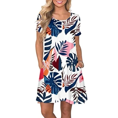 Abbildung von AUSELILY Damen Kleider Sommer Kurzarm Shirtkleider Kurz Sommerkleider Leicht Freizeitkleid mit Taschen Blaue Wegerich L