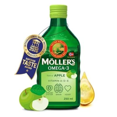 Abbildung von Möller&#039;s Omega 3 Lebertran Nahrungsergänzung mit EPA, DHA, Vit A, D und E Hochreiner natürlicher 165 Jahre alte Marke Superior Taste Award Apfelgeschmack 250 ML