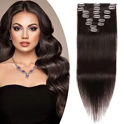 Abbildung von SEGO Clip in Extensions Echthaar Haarverlängerung Haarteil Doppelt 8 Teile hitzebeständig glatt Dunkelbraun#2 12&quot;(30cm) 115g