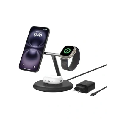 Abbildung von Belkin kabellose 3 in 1 Ladestation mit magnetischem, MagSafe kompatiblem Qi2, 15 W, Wireless Charger, kompatibel den iPhone Serien 16, 15, 14, 13, AirPods, Apple Watch, inkl. Netzteil Schwarz