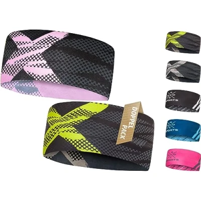 Abbildung von 2er Set atmungsaktives Sport Stirnband Damen &amp; Herren schnelltrocknendes Kopfband zum Wenden elastisches Haarband, Schweißband Stirn (rosa, neon)