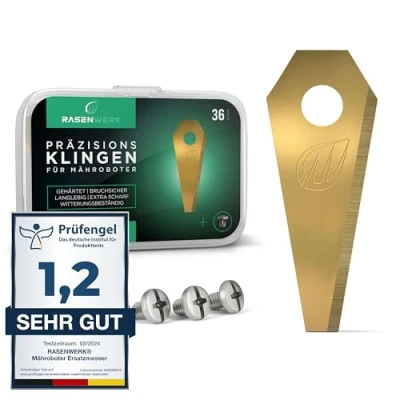 Abbildung von RASENWERK® Hochwertige Mähroboter Messer mit passenden Schrauben Universal Ersatzklingen Ersatzmesser für Bosch Indego Titancarbid legierte Klingen Rasenroboter Messerset 36 Stk.