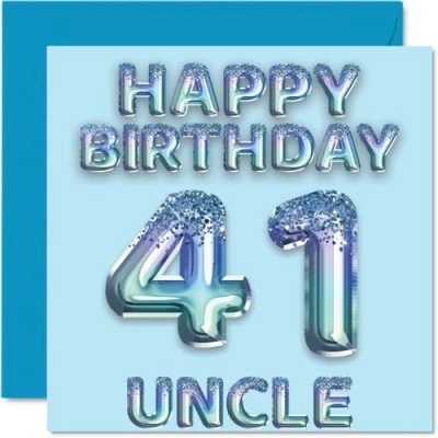 Abbildung von Stuff4 Geburtstagskarte zum 41. Geburtstag für Onkel Blaue Glitzer Partyballons Happy Birthday Karten den von Neffe Nichte, 145 mm x
