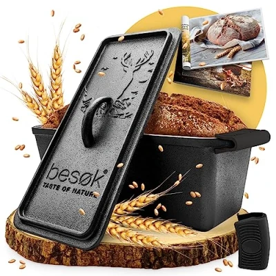 Abbildung von besok Brotbackform mit Deckel inkl. Rezeptheft 28cm Gusseisen Backform Brot backen Zubehör Kastenform Brot, Toastbrot Backform, Kasten Brotform, Auflaufform, Kastenform, Brotform eckig
