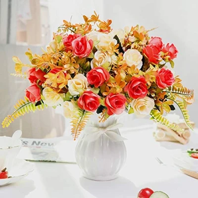 Abbildung von LESING Künstliche Blumen mit Vase, Seidenrosen, Hochzeitsblumen, Blumensträuße, Zuhause, Büro, Party, Konferenzraum, Dekoration (Sonnenuntergang 1)