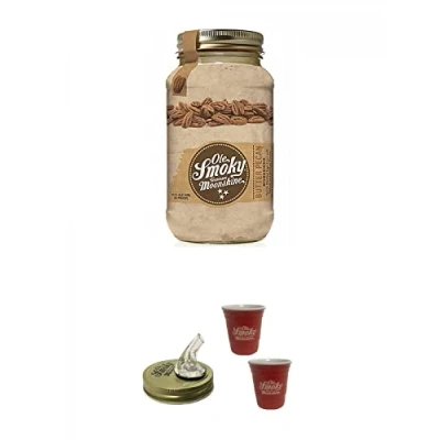 Abbildung von Ole Smoky Moonshine Butter Pecan im 0,5 Liter Glas + Ausgiesser Shot Becher rot 2 Stück