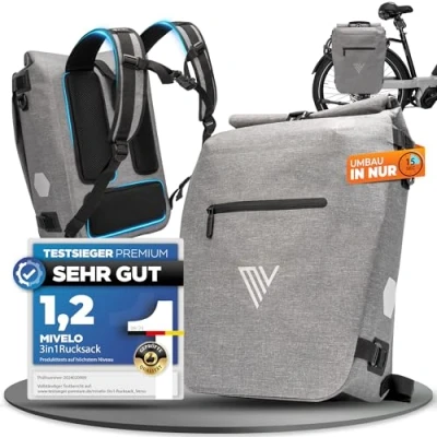 Abbildung von MIVELO 3in1 Fahrradtasche für Gepäckträger I Rucksack, Gepäckträgertasche hinten &amp; Umhängetasche Fahrrad In 15 Sekunden umgebaut Bequemer Fahrradrucksack 100% wasserdichte Tasche (Grau)