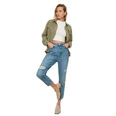 Abbildung von TRENDYOL Damen Dark Blue Torn Detailed High Waist Mother Jeans, Dunkelblau, 38 EU