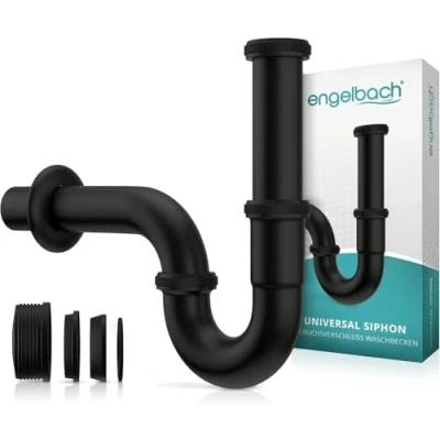 Abbildung von Engelbach® Siphon für Waschbecken 1 1/4 inkl. Gummimanschette Abflussrohr, Röhrensiphon Universal Syphon Badezimmer mit Montage Video Sifon Schwarz