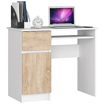 Abbildung von AKORD Piksel Schreibtisch Klein mit Schubladen Office Desk Computertisch Bürotisch Tastaturablage Schublade und Fach Tür Holz Deko B90 x H77 T50 cm 30 kg Schrank Links