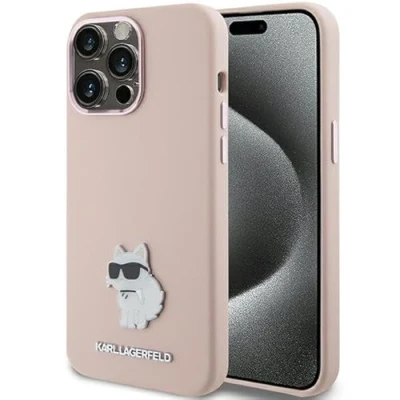 Abbildung von Karl Lagerfeld KLHCP15LSMHCNPP Hülle für iPhone 15 Pro 6.1&quot; Rosa Silicone Choupette Metal Pin