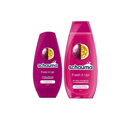 Abbildung von Schauma Pflege Shampoo Fresh it Up! (1x 400 ml) Haarshampoo für fettigen Ansatz &amp; trockene Spitzen Spülung 250 Haarspülung pflegt beanspruchte Haarspitzen, Passionsfrucht