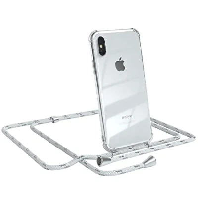 Abbildung von EAZY CASE Handykette kompatibel mit iPhone X/XS Handyhülle Umhängeband, Handykordel Schutzhülle, Silikonhülle, Hülle Band, Stylische Kette Smartphone, Weiß/Silber