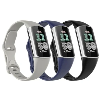 Abbildung von Astorgos 3 Stück Uhrenarmbänder Kompatibel mit fitbit charge 6/fitbit 5, Weich TPE Verstellbar Armband Schlank Dünn Atmungsaktiv Ersatzarmband, Schwarz/Dunkel Blau/Rock Grau