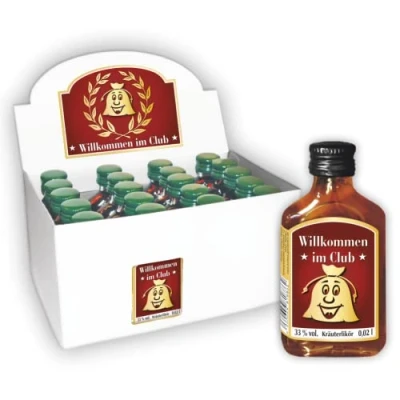 Abbildung von 20er Box Kräuterlikör Display Willkommen im Club Alte Säcke Alter Sack Geschenk für Rentner zum Ruhestand 20 Stk. kleine Schnäpse Spirituosen 2 cl 33% vol. alk. (20er Sack)