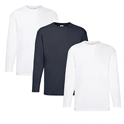Abbildung von Fruit of the Loom Valueweight Langarm T Shirt für Herren, 2 x Weiß + 1 dunkelblau Hlkauf Notizblock, XL