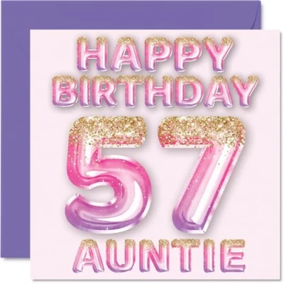 Abbildung von Stuff4 Geburtstagskarte zum 57. Geburtstag für Tante rosa &amp; lila Glitzerballons Happy Birthday Karten 57 Jahre alte von Neffe Nichte, 145 mm x