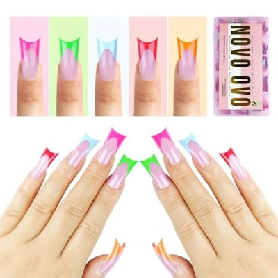 Abbildung von NOVO OVO French Tip Duck Feet Nagelspitzen, 5 verschiedene Farben, vollständige Abdeckung zum Aufdrücken von Acryl mit Mondkurve, dickes, weiches Gel, künstliche Nagelverlängerung 15 Größen 150 Stück
