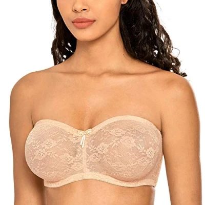 Abbildung von DOBREVA Damen Trägerloser BH mit Bügel Durchsichtig Spitze Dirndl Bandeau BHS Transparenten Trägern Beige 80A
