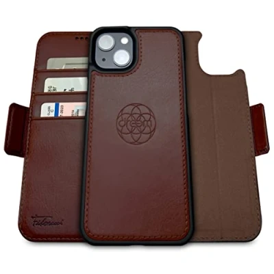 Abbildung von Dreem Fibonacci kompatibel mit iPhone 14 Brieftaschen Etui / 2 in 1 stoßfestes und abnehmbares Folio aus veganem Leder, MagSafe kompatibel, RFID Schutz [Kaffee]
