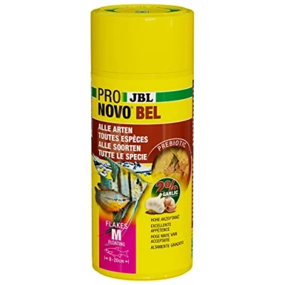 Abbildung von JBL PRONOVO BEL FLAKES, Hauptfutter für alle Aquarienfische von 8 20 cm, Fischfutter Flocken, Größe M, 250 ml