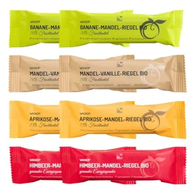 Abbildung von Naturbelassene Bio Fruchtriegel 8 x 40g. Gesunder Snack ohne Zuckerzusatz. Nur Frucht und Nuss. Vegan &amp; glutenfrei. Wacker Probierpaket mit 2x4 Sorten.