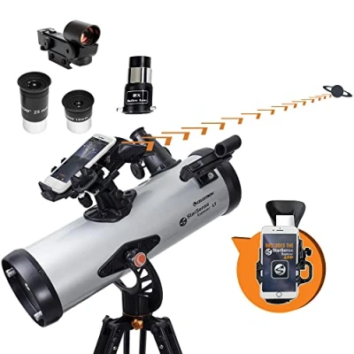 Abbildung von Celestron 22452 StarSense Explore LT114AZ Newtonsches Spiegelteleskop mit Smartphone App fähiger Technologie 2 Okularen, facher Barlow Linse, Handy Dock und höheneinstellbarem Stativ, Schwarz