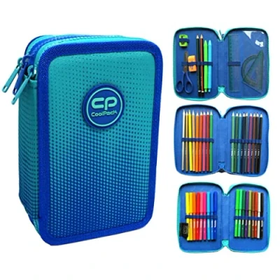 Abbildung von GOLDKIDS Federmäppchen 3 Fächer Mäppchen für Jungen und Mädchen , (Federmappe Fach Federtasche, 1 tlg., Gefüllte Schüleretui 44 teilig), Blau Motiv