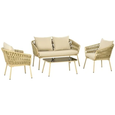 Abbildung von Outsunny Sitzgruppe Gartenmöbel Set mit 1 Couchtisch, 2 Sesseln, Doppelsofa, (Gartengarnitur, 4 tlg., Sitzgarnitur), für Garten, Terrasse, Stahl, Khaki