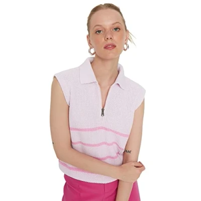 Abbildung von TRENDYOL Damen Striped Zipper Detailed Knitwear Sweater, Powder, L