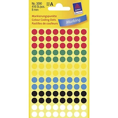 Abbildung von AVERY Zweckform 3090 selbstklebende Markierungspunkte 416 Stück (Ø8mm, Klebepunkte auf 4 Bogen, Punktaufkleber zur Farbcodierung, runde Aufkleber für Kalender, Planer und zum Basteln, Papier) bunt