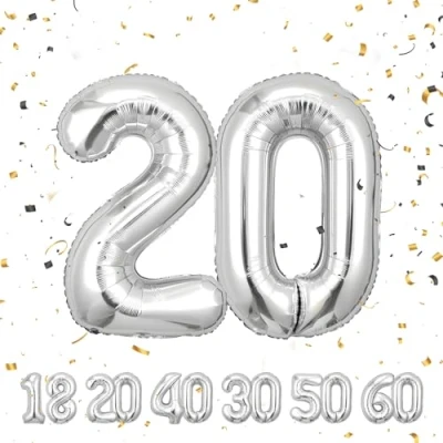 Abbildung von Geburtstag zahlen luftballon 20 jahre Folienballon Sliber in 40&quot; 101cm Geburtstagsdeko Ballon Zahl Deko zum fliegt mit Helium für Männer Frauen 20.Geburtstags