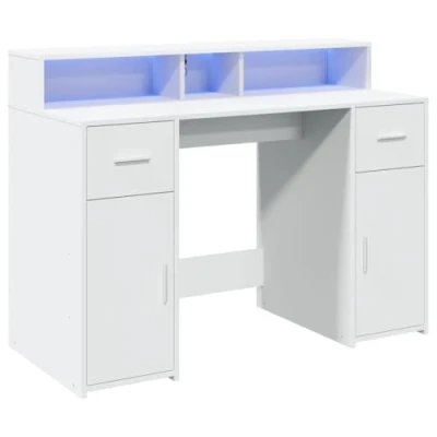 Abbildung von vidaXL Schreibtisch, Computertisch mit LED Leuchten, Arbeitstisch Stauraum, Laptoptisch Gaming Tisch PC Tisch, Weiß Holzwerkstoff