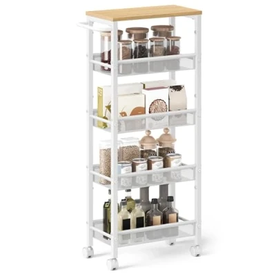 Abbildung von VASAGLE Rollwagen 5 Ebenen, Küchenwagen schmal, Nischenregal auf Rollen, Stahl, Griff, für kleine Räume, 22 x 45,4 99,6 cm, Küche, Bad, Wohnzimmer, Arbeitszimmer, eichenfarben weiß LRC035W09